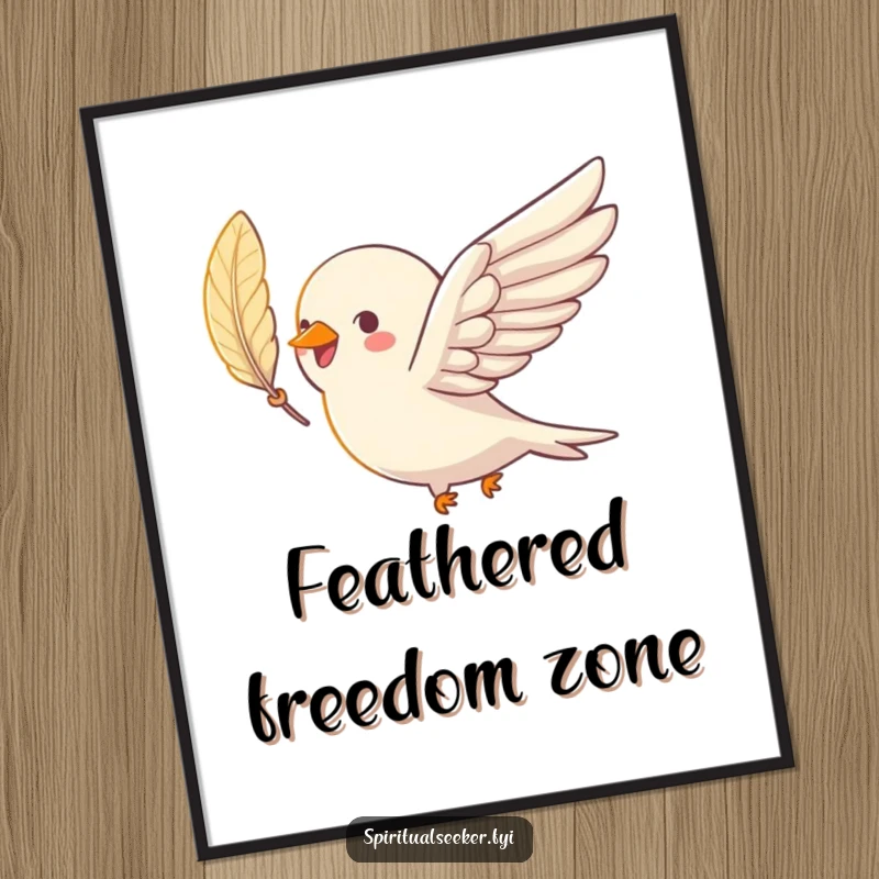 Funny bird poster featuring a joyful bird soaring with a luminous shimmering feather, a humorous piece of uplifting art.