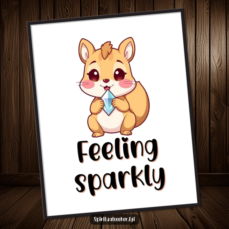 Funny poster print of a delighted squirrel character holding a shiny crystal shard, radiating pure happiness and excitement, a great funny gift.