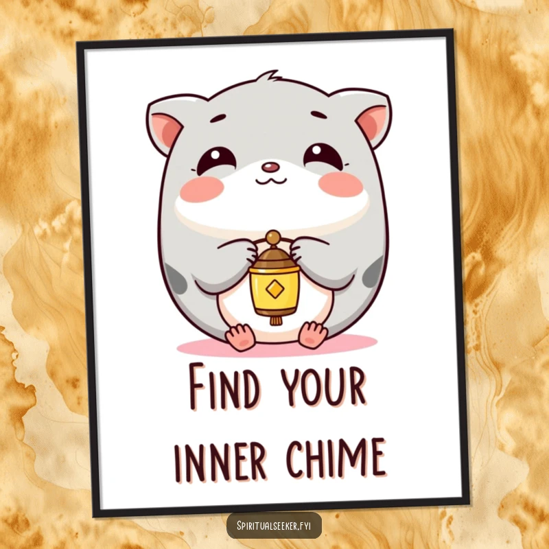 Funny Poster illustrating a calm Kawaii animal perfectly balancing a delicate chime, creating a tranquil and artistic focal point.