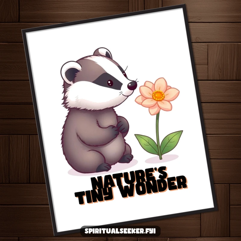 Funny poster of a pensive badger observing a vibrant, magical flower, conveying a sense of wonder and gentle humor.