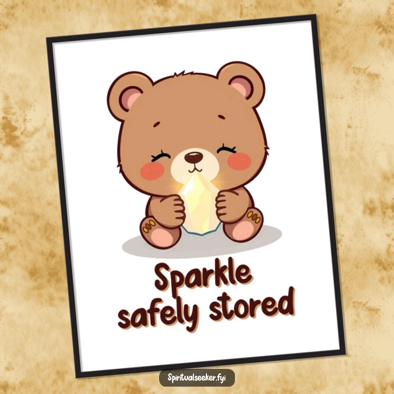 Funny bear cub poster of a serene cub holding a small, glowing crystal, creating a humorous and enchanting display.