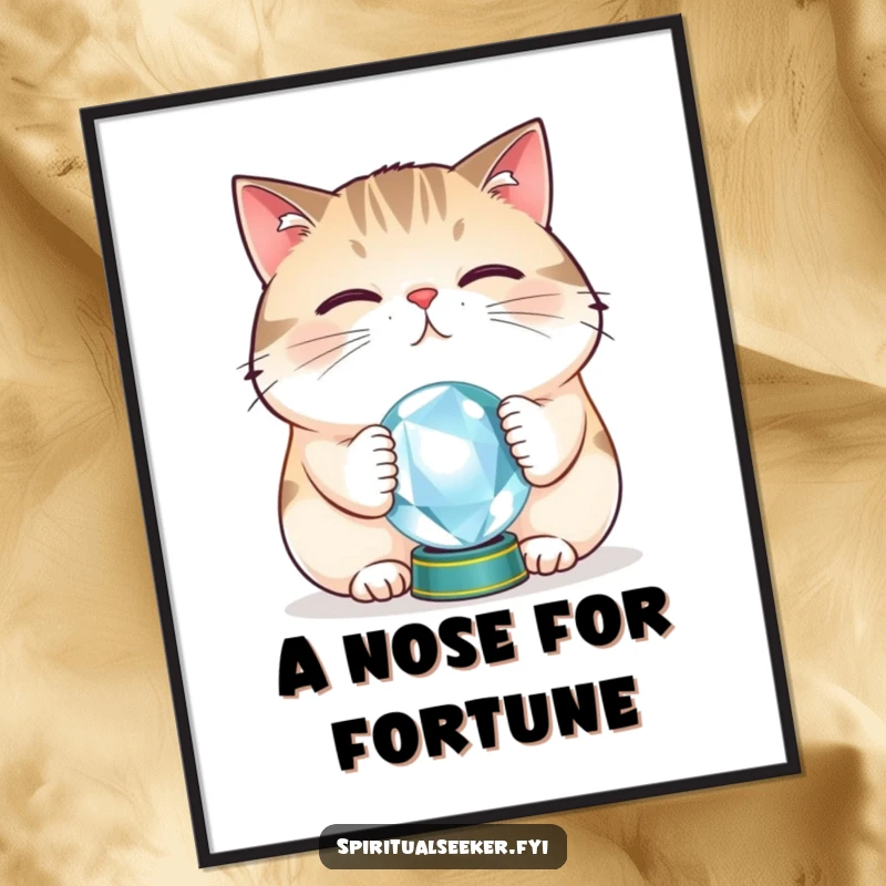 Funny cat crystal ball poster featuring a plump feline balancing a tiny orb on its nose, adding a touch of playful mysticism.