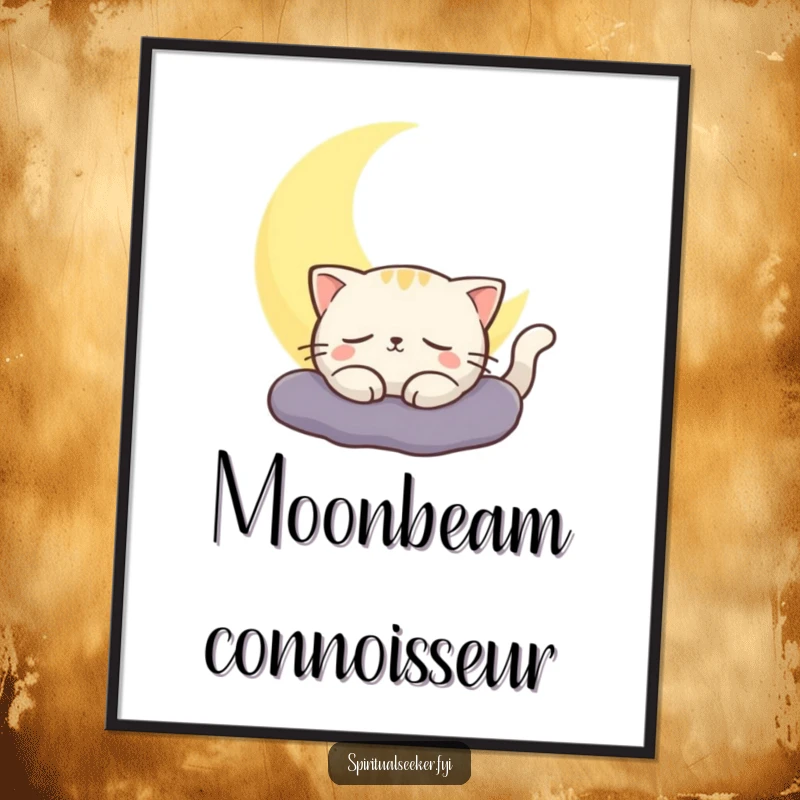 Funny cat poster showing a contented cat peacefully basking in the gentle glow of a crescent moon. Relaxing wall art.