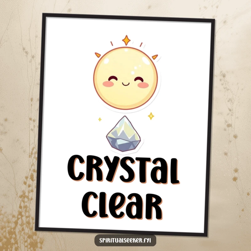 Funny poster of a smiling celestial body happily floating above a tiny, sparkling crystal, creating joyful cosmic wall art.