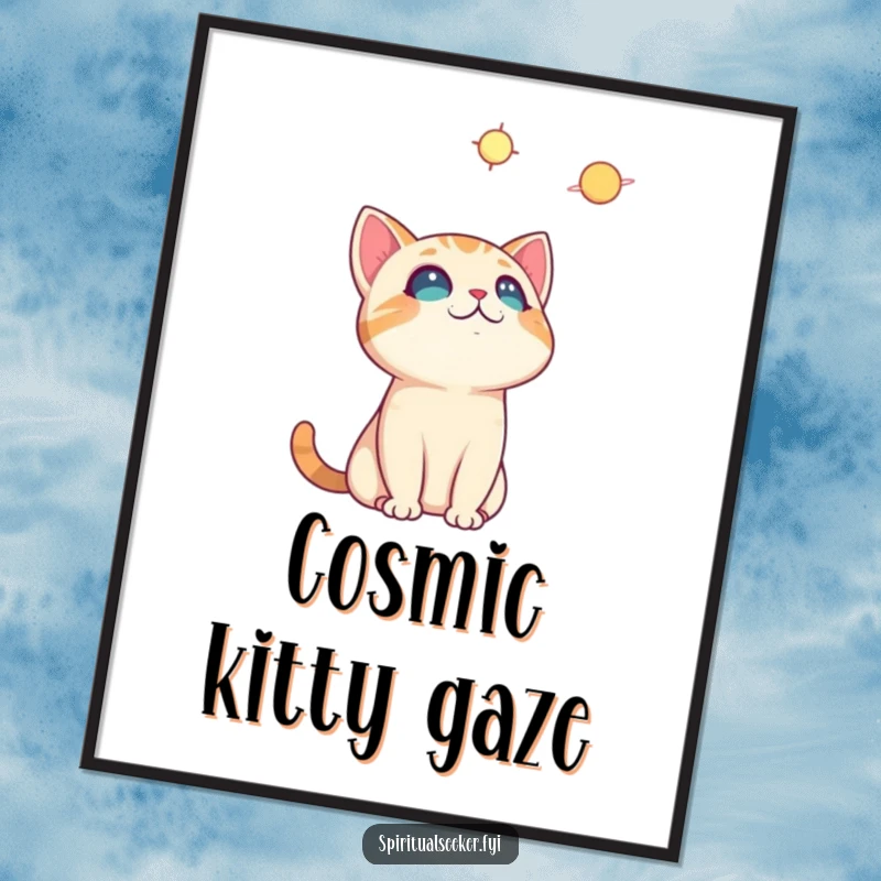 Funny curious cat poster, an illustration of a cat looking up at a celestial body, evoking wonder and humorous contemplation.