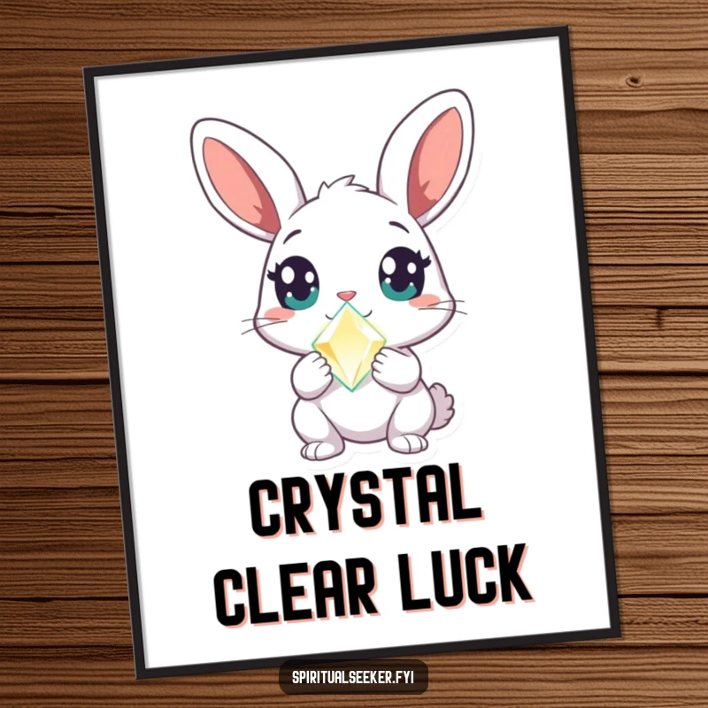 Funny rabbit poster showing a curious creature with wide, amazed eyes gazing at a glowing crystal, sparking wonder and humor.