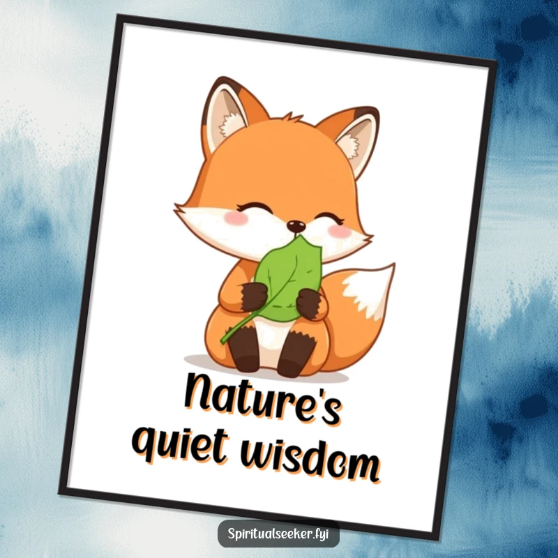 Funny poster: A wise fox contemplates a gentle leaf, bringing a peaceful vibe to wall art.