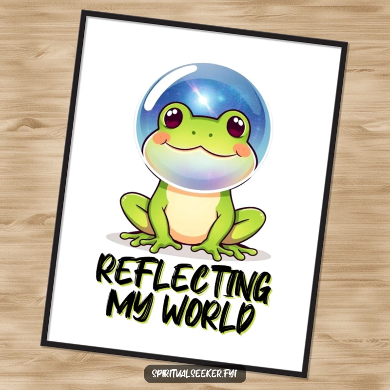 Funny frog galaxy poster featuring a happy amphibian blowing a bubble reflecting a miniature universe, adding a touch of cosmic wonder.