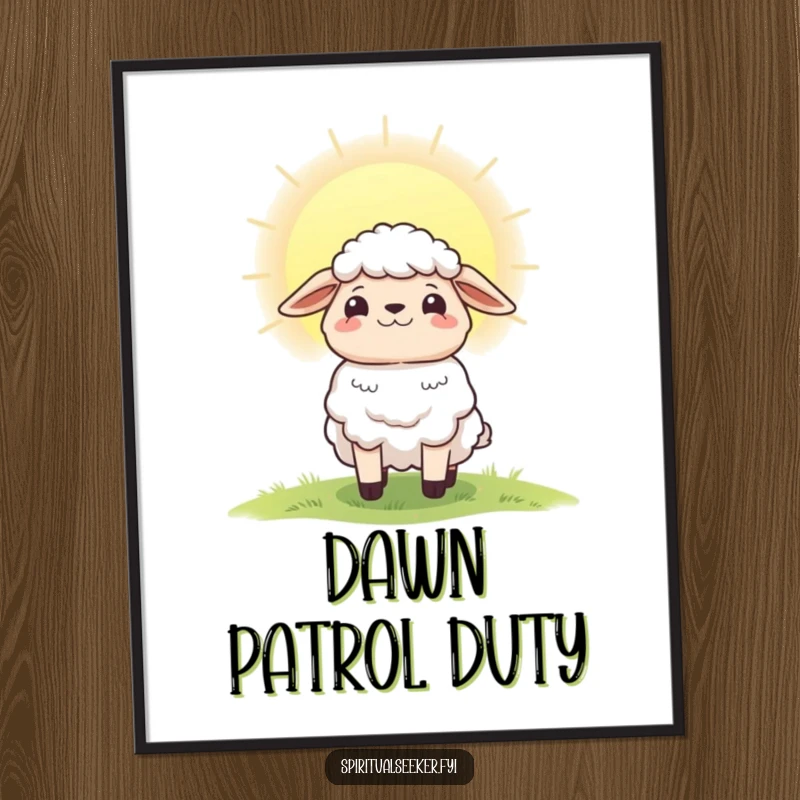 Funny poster print featuring a hopeful sheep character looking towards a vibrant radiant dawn, promoting inspiration and positivity.
