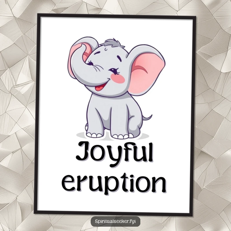 Funny poster of a gleeful elephant joyfully trumpeting upwards, evoking feelings of happiness and energetic celebration.