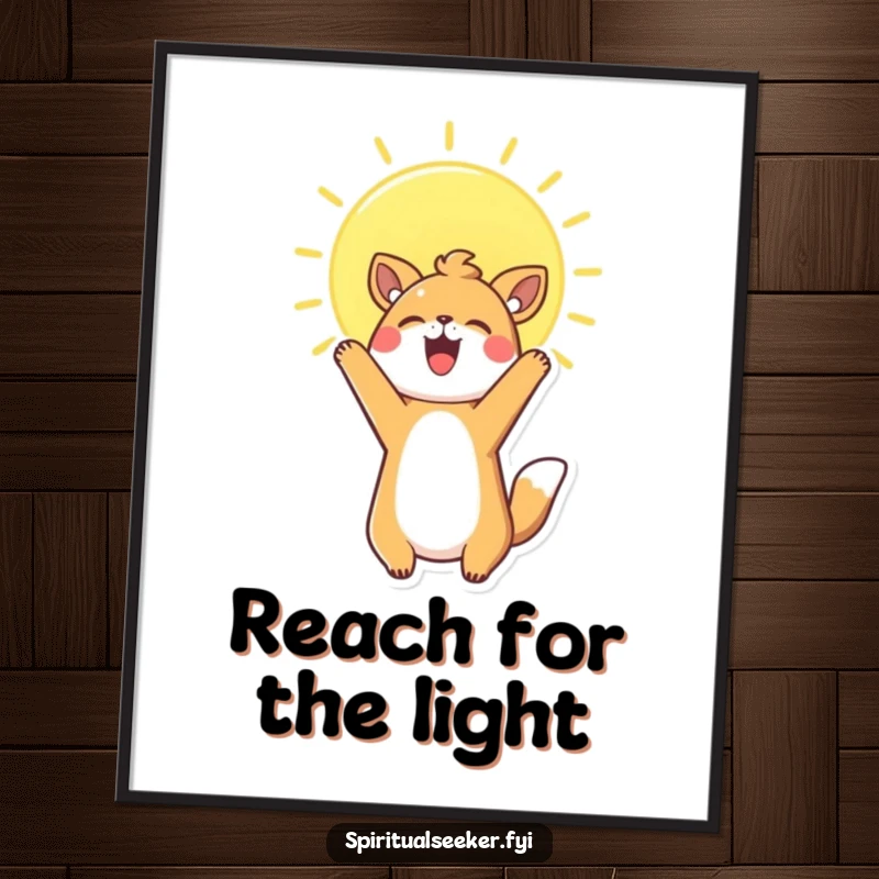 Funny Poster capturing a charming Kawaii animal stretching upwards towards a brilliant, glowing sun, creating inspirational wall decor.