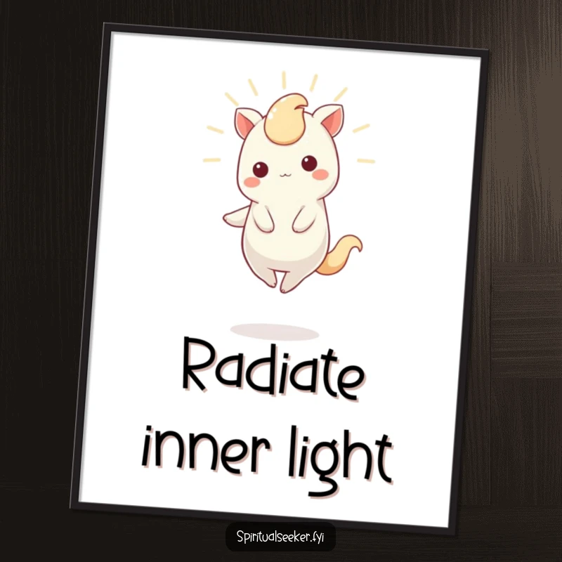 Funny Poster illustrating a magical Kawaii creature balancing on one toe, emitting a soft, radiant light.