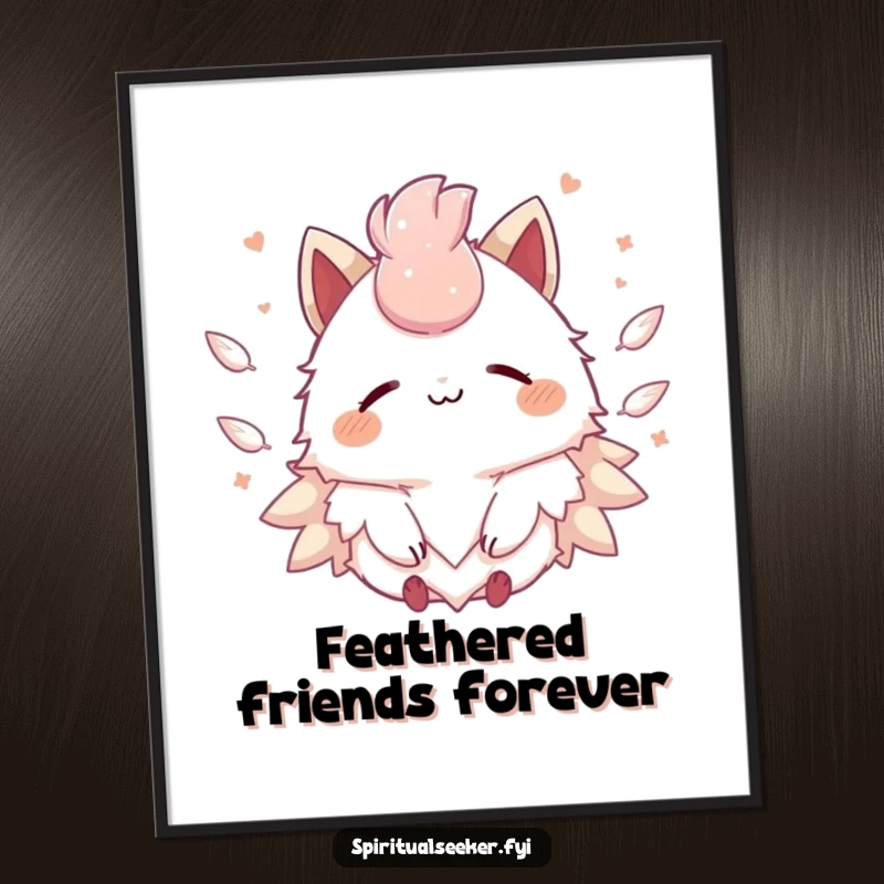 Funny Kawaii creature poster featuring a serene smile and ethereal floating feathers, creating a tranquil atmosphere.