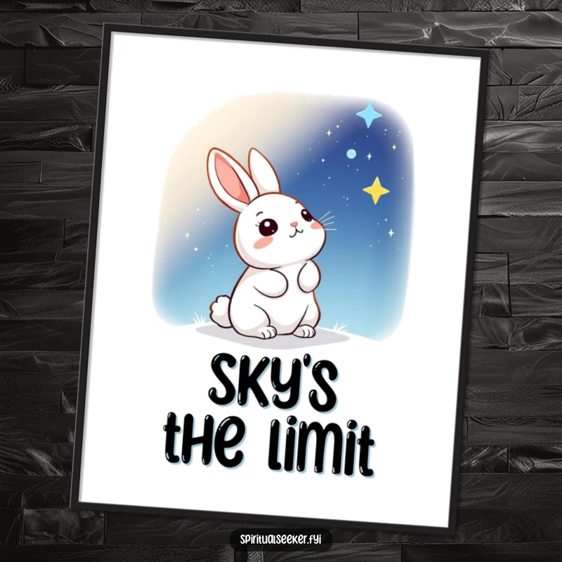 Funny Poster: A kawaii rabbit gazing up in wonder at a vast, twinkling starry night sky, full of dreams.