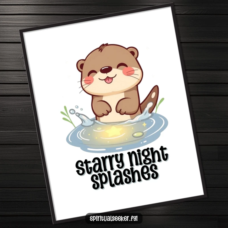 Funny Otter Poster: A joyful otter splashing in a pond reflecting starlight, a design full of humorous wonder.