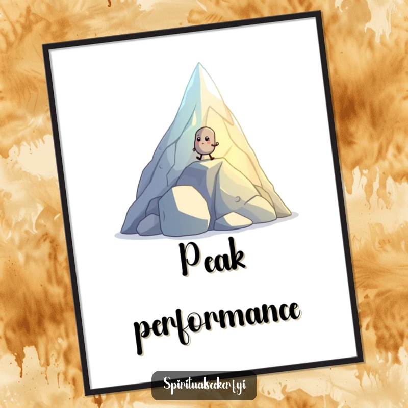 Funny poster of a small, determined pebble creature hiking up a glowing, crystal mountain, creating motivational wall art.