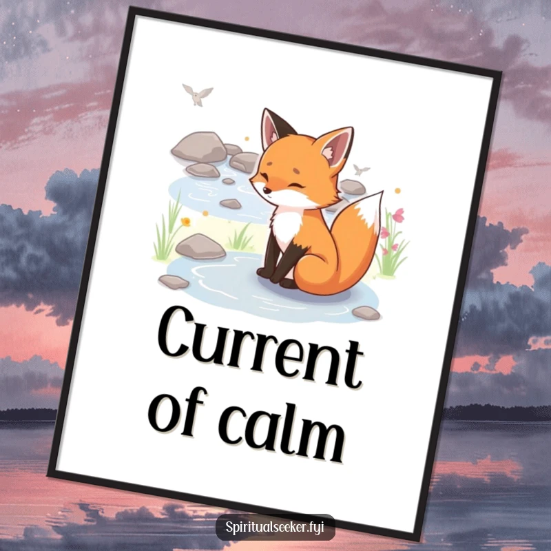 Funny serene fox poster, a peaceful fox resting by a gentle stream, bringing calm and humorous nature vibes indoors.
