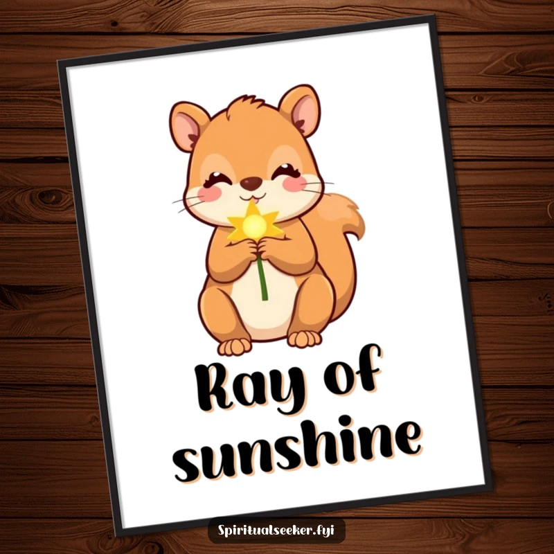 Funny squirrel poster featuring a cute squirrel holding a soft, golden ray, a humorous and cheerful piece of art.