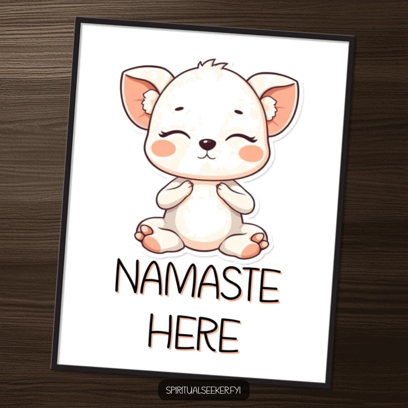 Funny Kawaii animal in a peaceful closed-eyed yoga pose, depicted in a poster print for calm and humorous wall art.