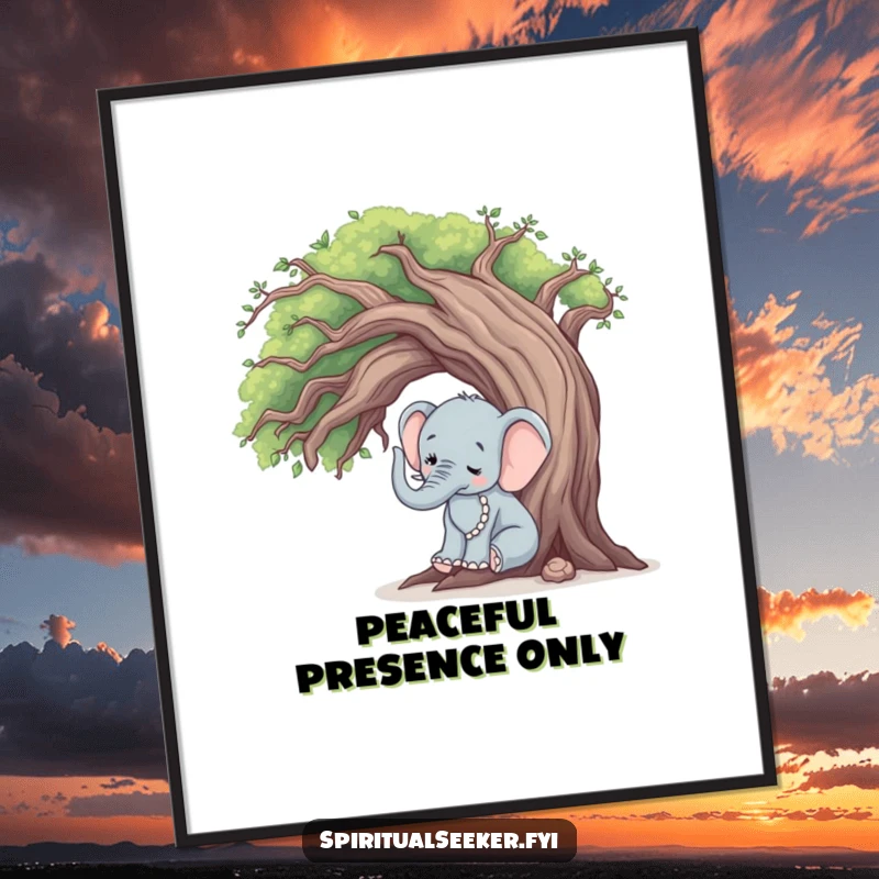 Funny elephant tree hugger poster, a gentle elephant touching an old tree, symbolizing nature's harmony and peace.