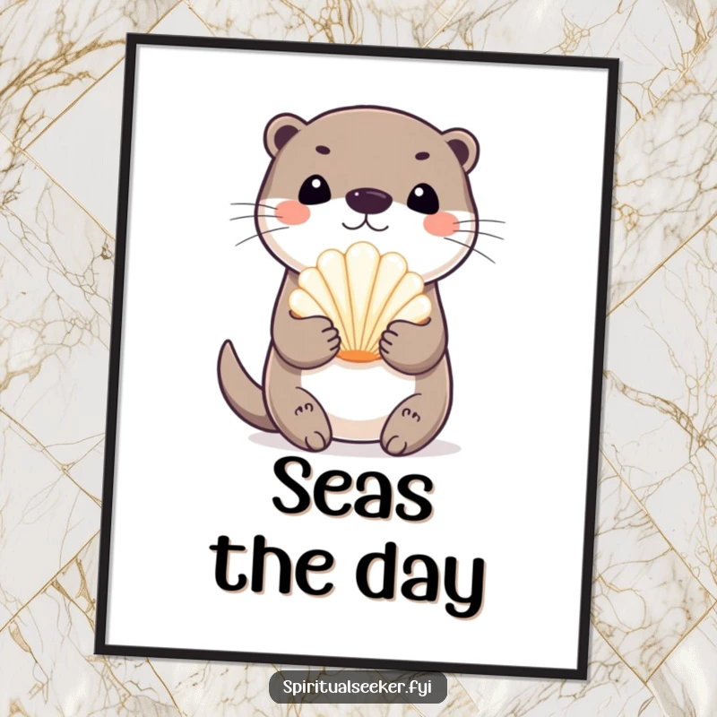 Funny playful otter poster, depicting a happy otter clutching a shimmering seashell. Ideal for adding charming and humorous coastal decor.