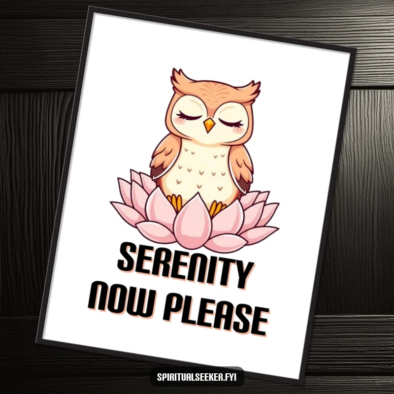 Funny Poster: A kawaii owl in deep meditation on a lotus flower, bringing a sense of peace and quiet.