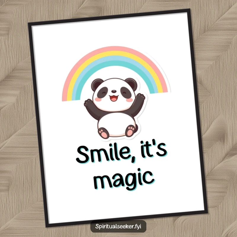 Funny poster featuring a content panda observing a beautiful rainbow, evoking feelings of peace, hope, and happiness.
