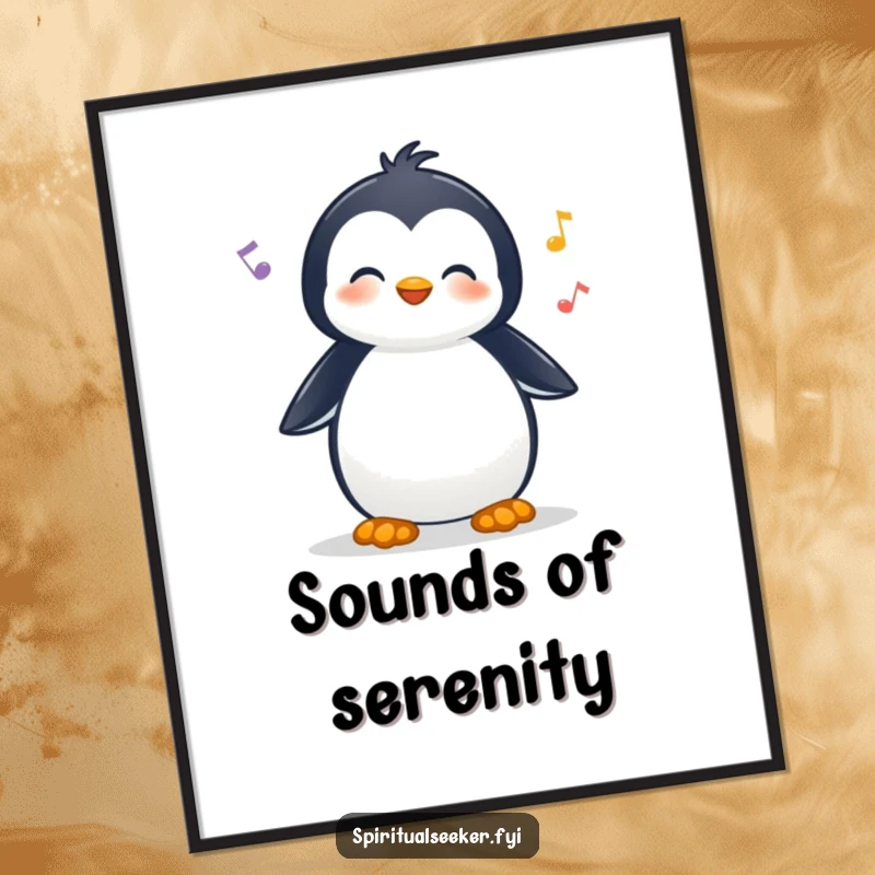 Funny poster art of a cheerful penguin character listening to nature sounds, adding a humorous and tranquil touch to any room.