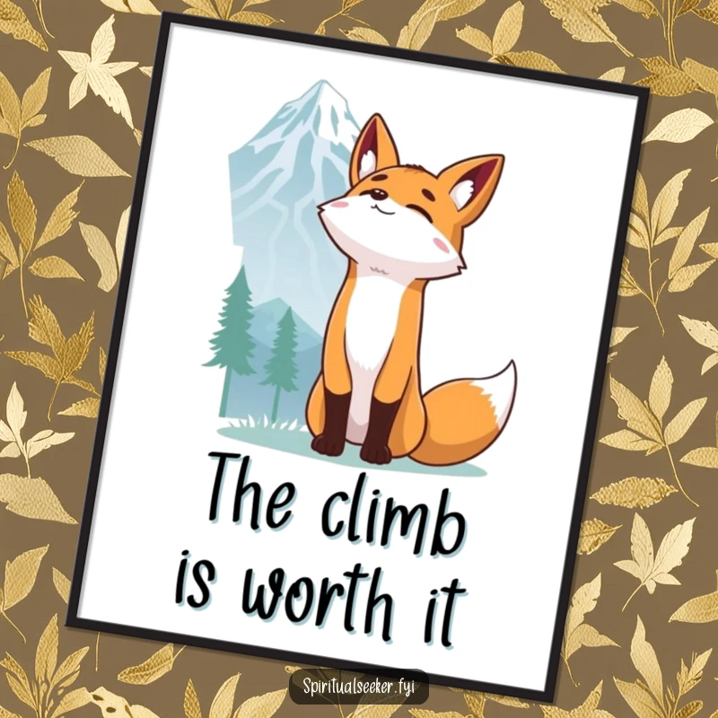 Funny Fox Poster: A determined fox stretching towards a distant mountain peak, a humorous and inspiring artwork.