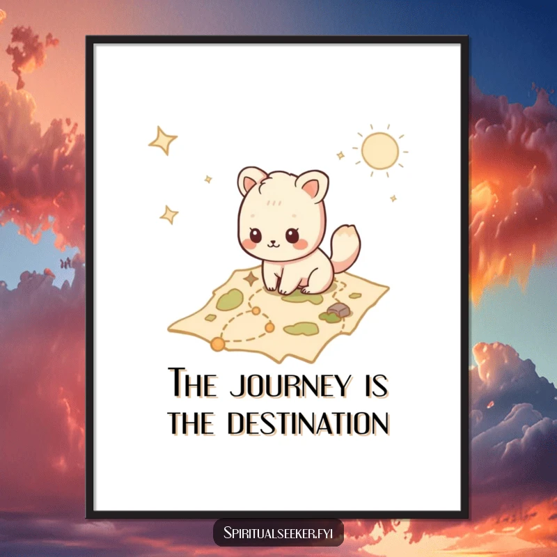 Funny Kawaii animal poster capturing a creature tracing a path on an enchanting mystical map, sparking imagination.
