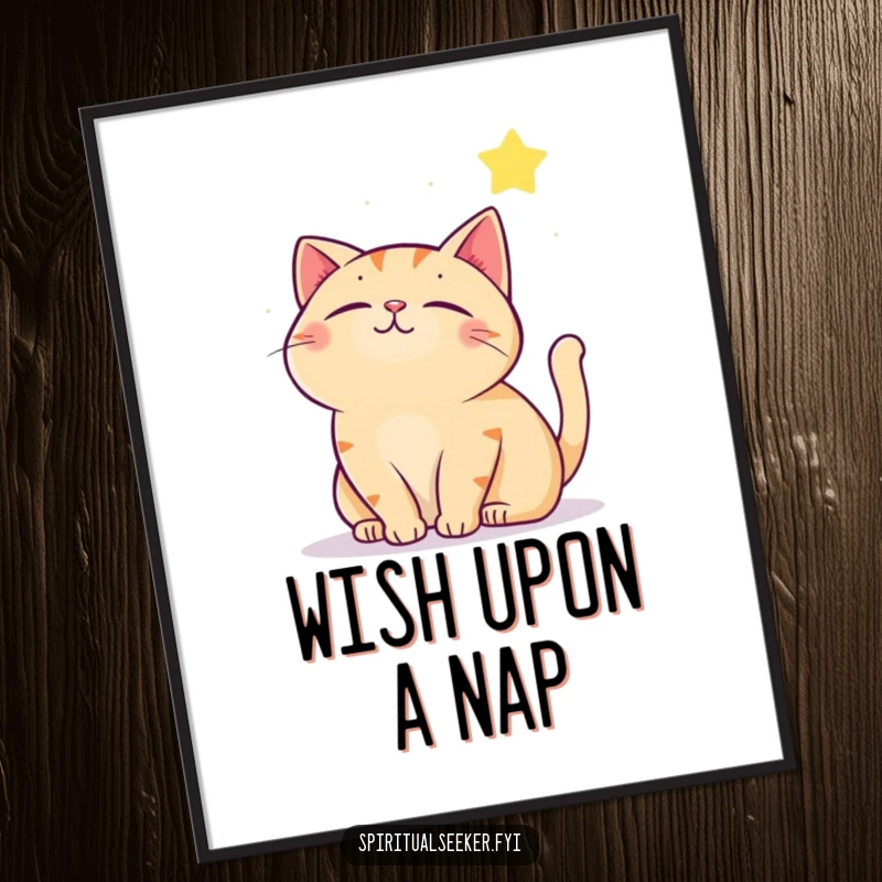 Funny contented cat poster, depicting a cat peacefully gazing at a twinkling star. Ideal for adding whimsical and humorous decor.