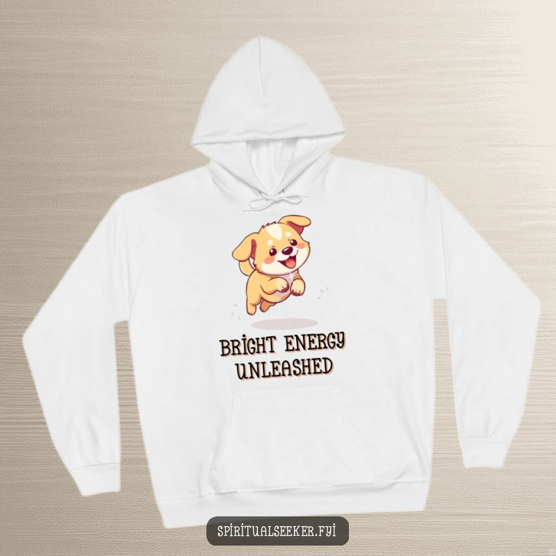 Funny hoodie featuring a playful dog chasing a shimmering ethereal light, perfect for cozy adventures.