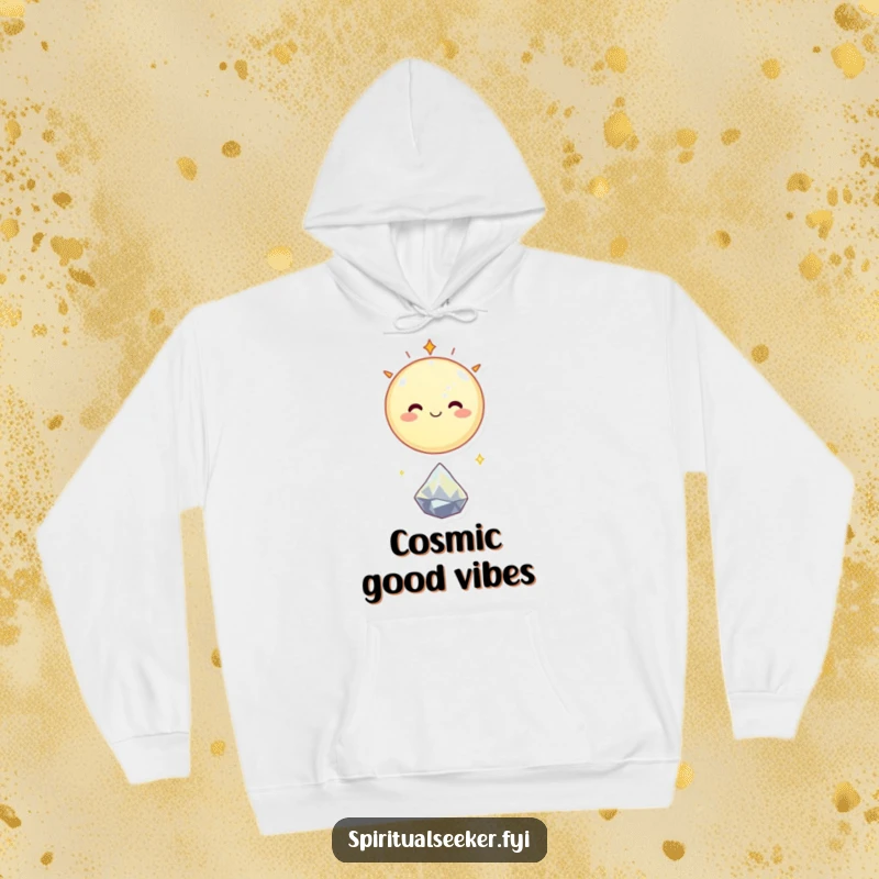 Funny hoodie with a smiling celestial body happily floating above a tiny, sparkling crystal, perfect for cozy stargazing.