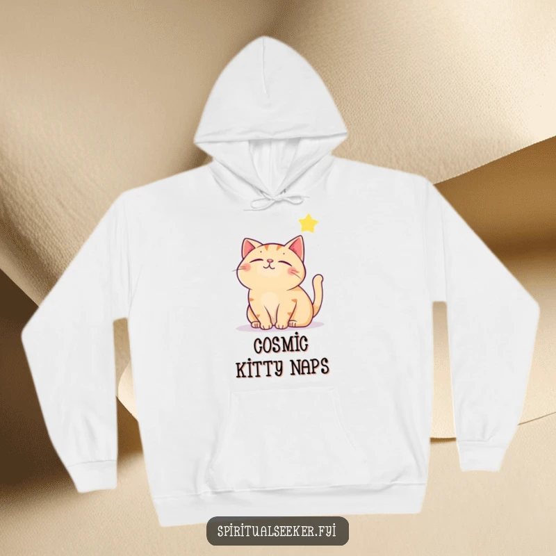 Funny contented cat hoodie, featuring a cat gazing serenely at a twinkling star. Offers warmth, comfort, and a touch of celestial humor.