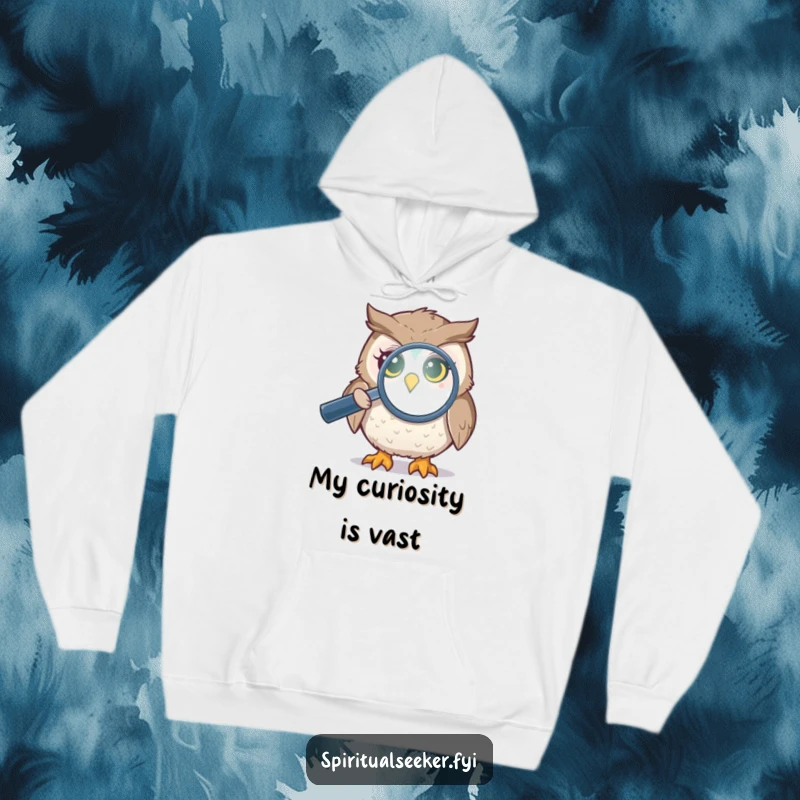 Funny owl hoodie depicting a curious bird magnifying a shimmering aura, offering warmth and a dose of intriguing, mystical humor.