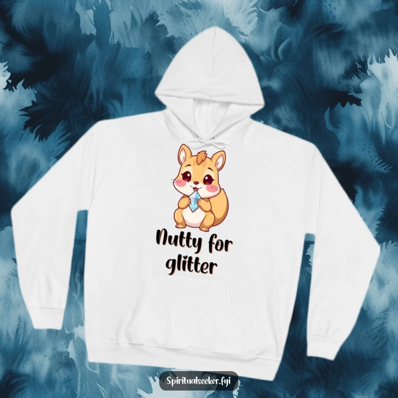 Funny hoodie featuring a delighted squirrel character holding a shining crystal shard, embodying joy and warmth, a perfect funny gift.