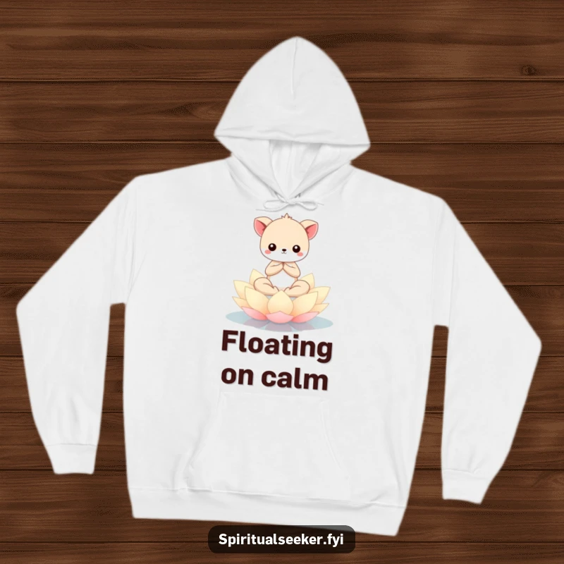 Funny Kawaii animal meditating serenely on a blooming lotus flower, featured on a warm hoodie for ultimate relaxation and gentle humor.
