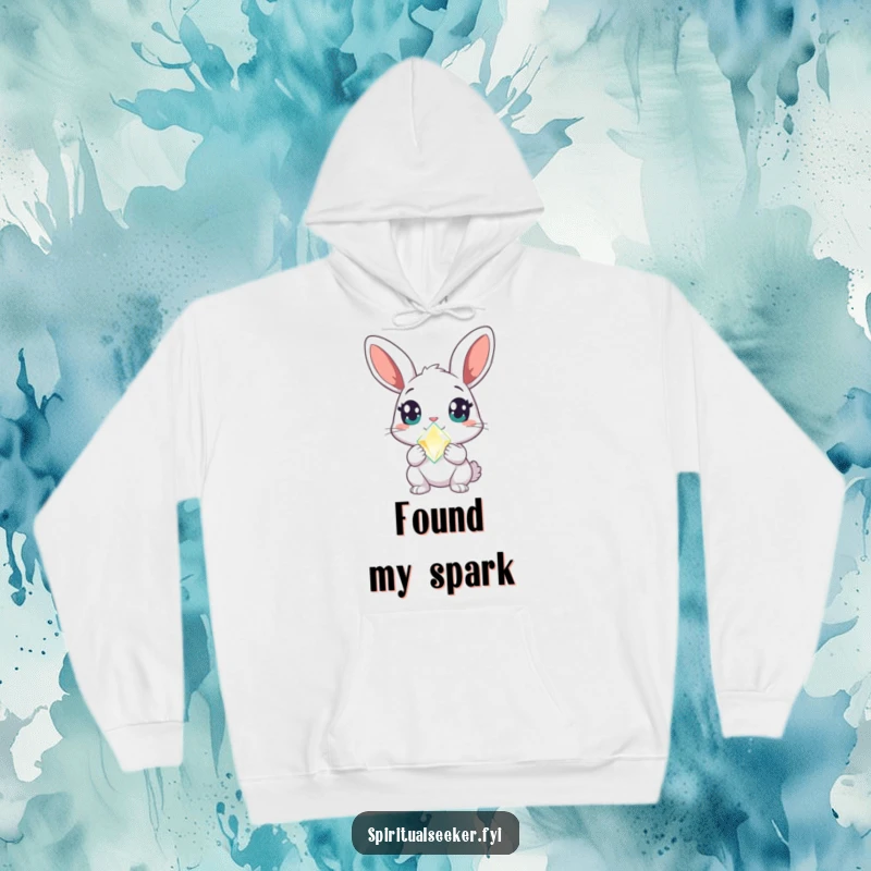 Funny rabbit hoodie with a curious character, wide amazed eyes, and a glowing crystal, perfect for cozy enchantment and humor.