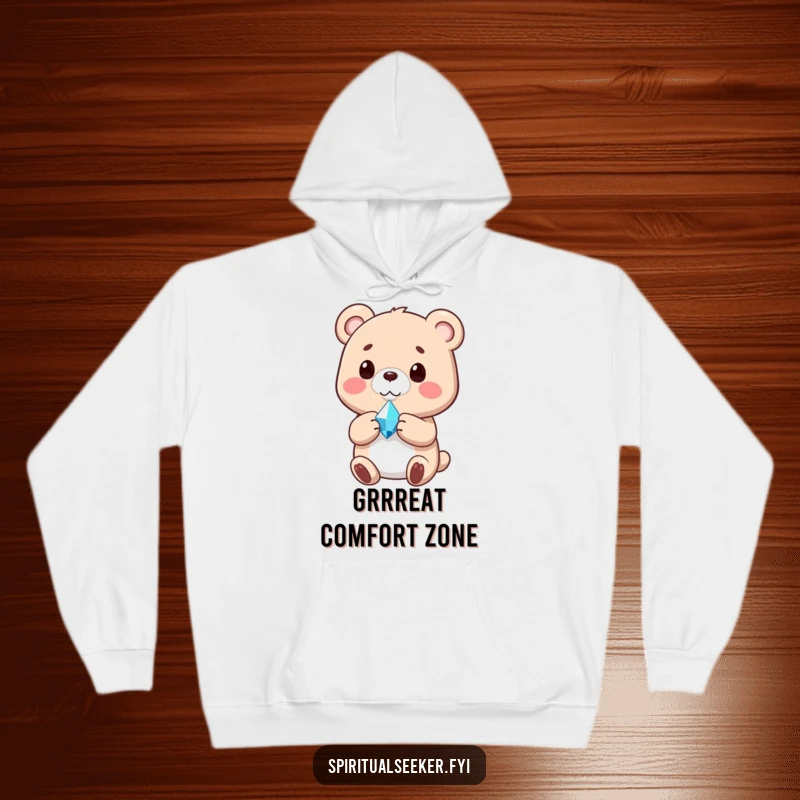 Funny hoodie featuring a tranquil bear holding a glowing crystal, offering warmth and a sense of calm.