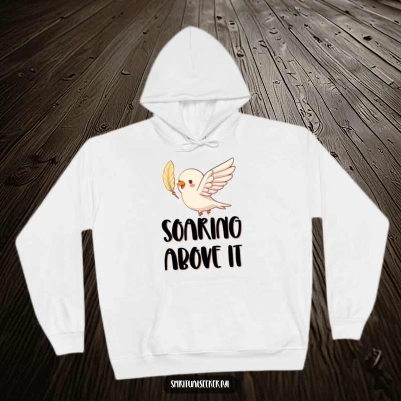 Funny bird hoodie showing a happy bird soaring with a luminous shimmering feather, offering warmth and humor.
