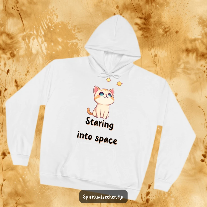 Funny curious cat hoodie, featuring a cozy cat gazing upwards at a celestial wonder, inspiring warmth and humorous exploration.