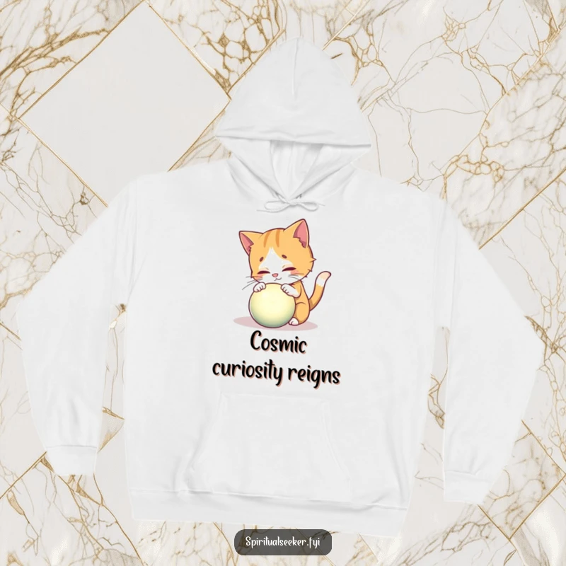 Funny hoodie with a curious cat investigating a magical, glowing orb, ideal for cozy exploration.