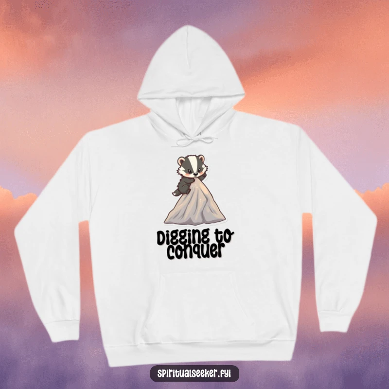 Funny determined badger hoodie with a character climbing a small, sparkling mountain peak, offering cozy motivation and humorous achievement.