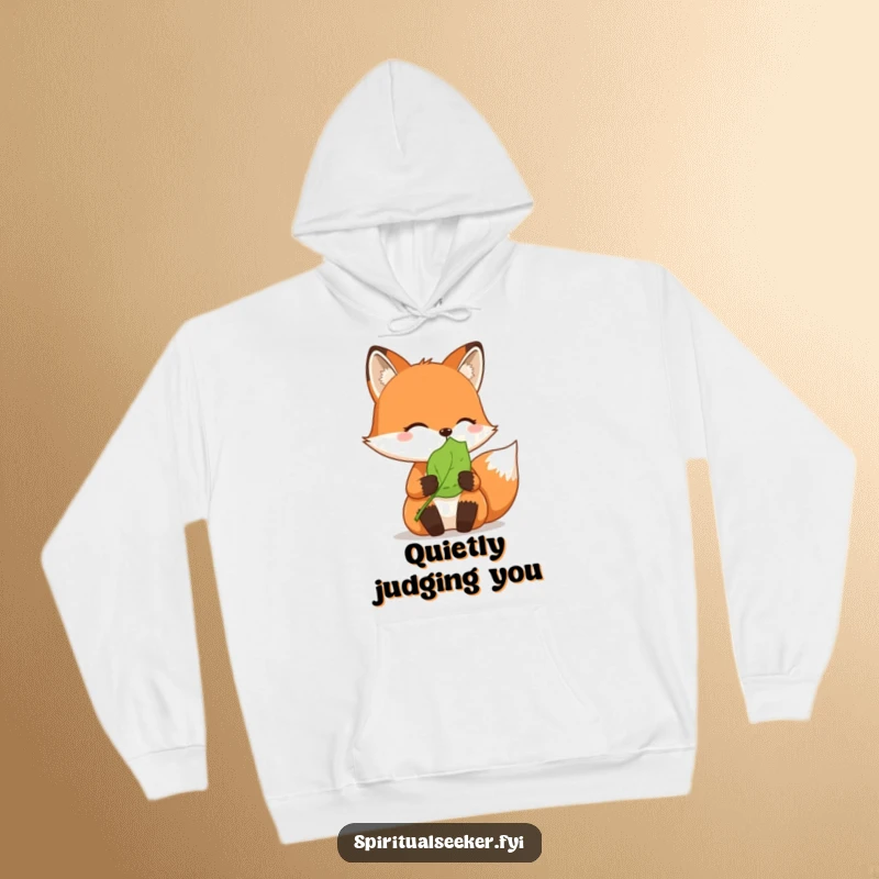 Funny hoodie: A reflective fox embraces a single leaf, conveying a sense of peace and introspection.