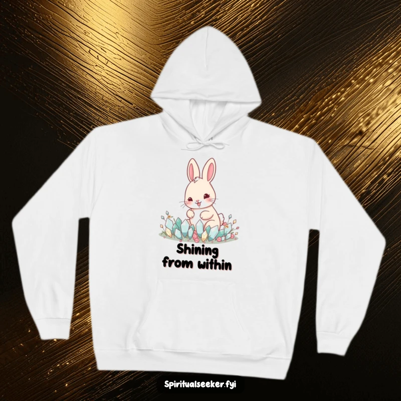 Funny hoodie featuring a happy rabbit tending a garden of tiny crystals, perfect for cozy magic.