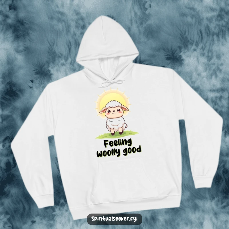Funny hoodie featuring a hopeful sheep character looking towards a beautiful radiant dawn, a symbol of hope and warmth.