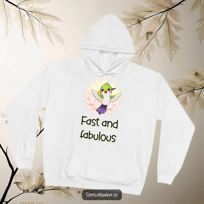 Funny hoodie featuring a happy hummingbird near a glowing lotus, offering warmth and a touch of serene beauty.