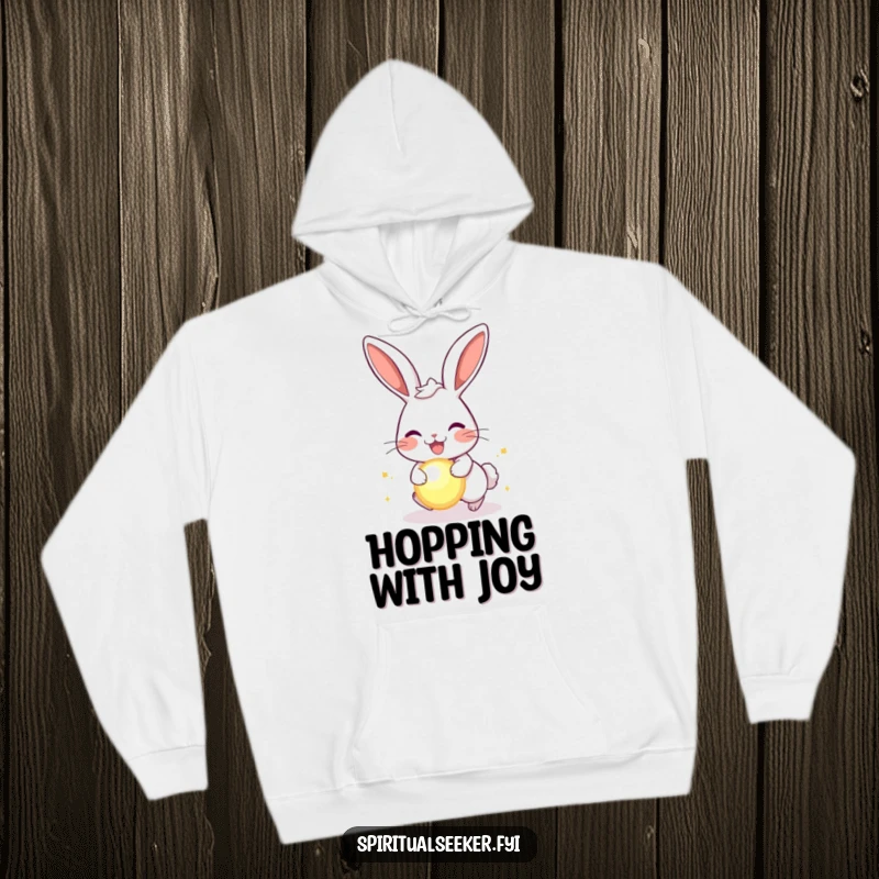 Funny joyful rabbit hoodie, featuring a happy bunny chasing a glowing orb, offering warmth and humorous pep.