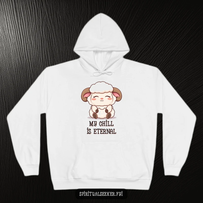 Funny sheep hoodie featuring a fluffy character deep in meditation, eyes closed, serene smile, offering cozy comfort and humor.