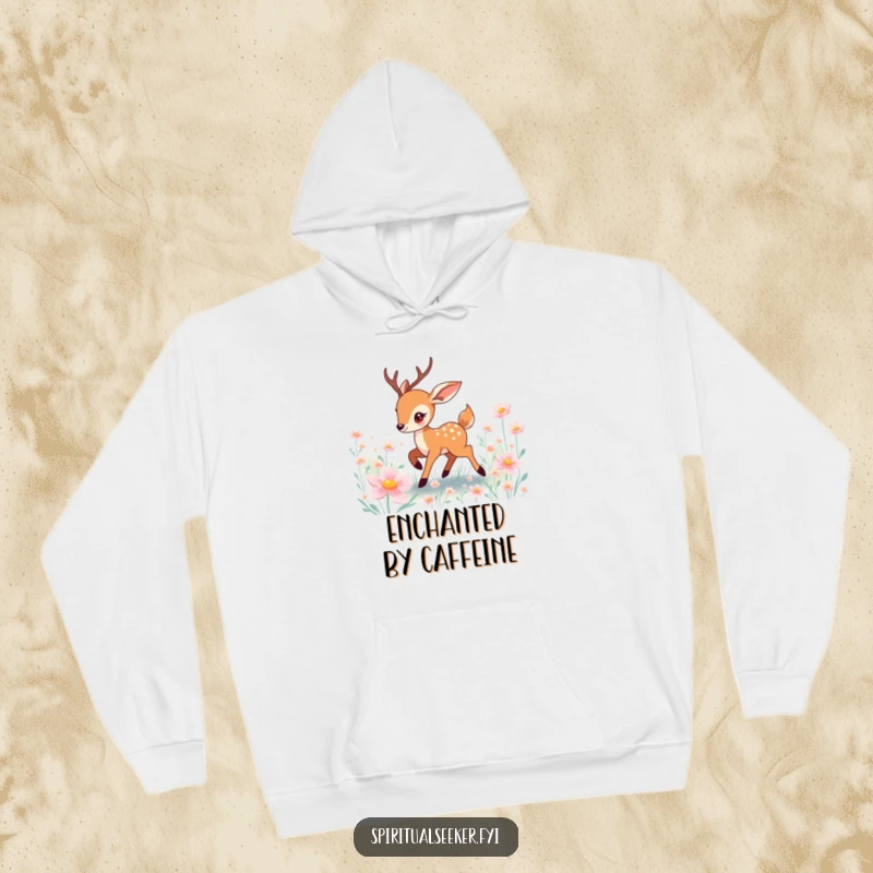 Funny deer hoodie showing a playful character prancing through a field of luminous, magical flowers.
